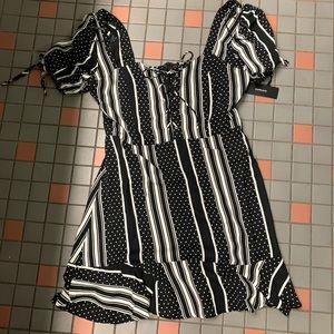 black and white stripped polka dot lace up dress